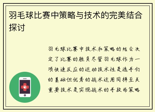 羽毛球比赛中策略与技术的完美结合探讨