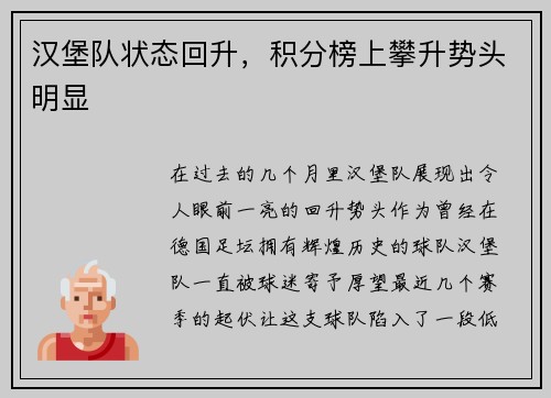 汉堡队状态回升，积分榜上攀升势头明显