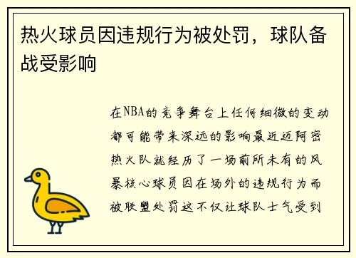 热火球员因违规行为被处罚，球队备战受影响