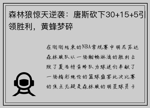 森林狼惊天逆袭：唐斯砍下30+15+5引领胜利，黄蜂梦碎